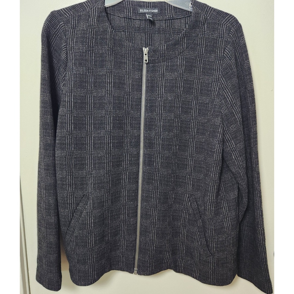 Eileen Fisher Black Gray Tonal Plaid Collarless Round Neck Zip Jacket Boxy Med